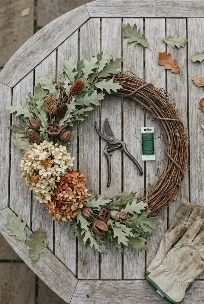 Foraged oak sprigs and hydrangea laid out beside a half-made DIY fall wreath crescent