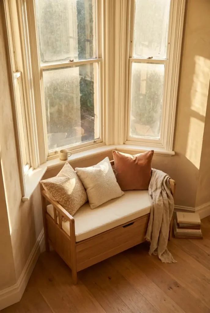 Freestanding bench with a cushion turning a bay window into an adult reading nook.