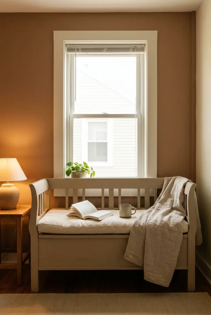 Freestanding built in window seat under an apartment window with painted side filler strips