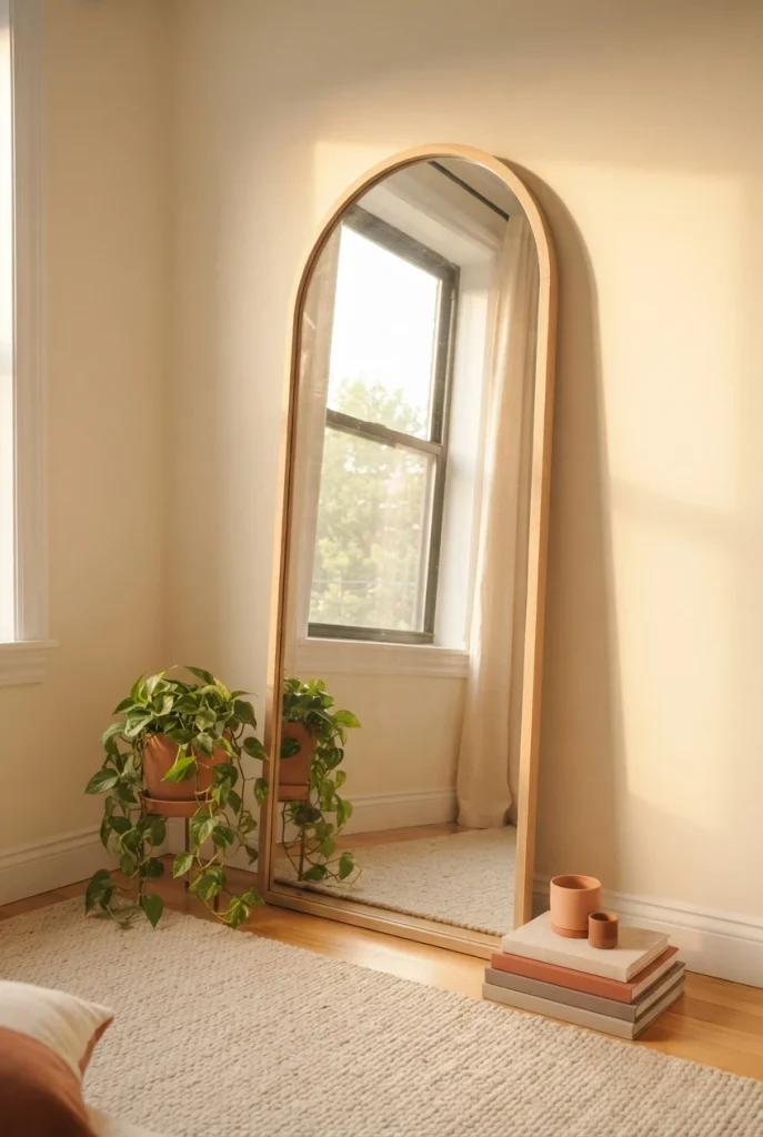 Full length mirror facing a window to double daylight in a small apartment
