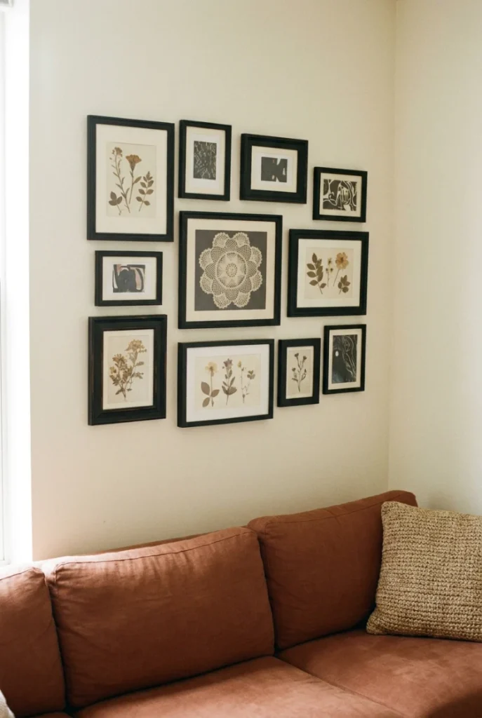 Gallery wall of mismatched thrifted frames painted one color above a sofa in a boho living room.