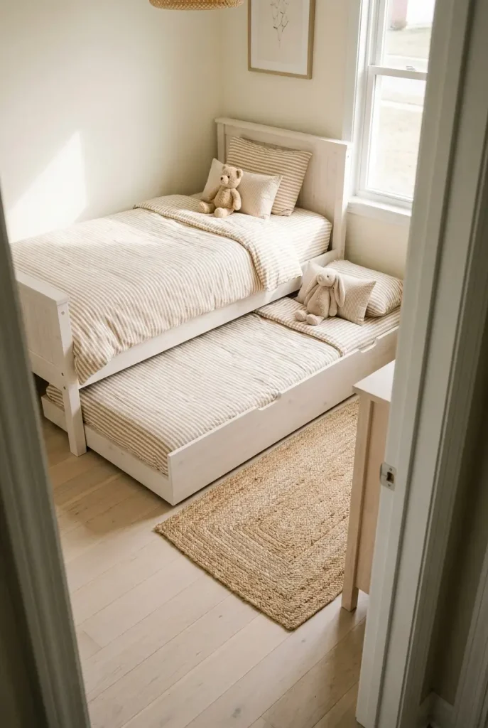 White twin bed with a trundle pulled out in a small shared kids bedroom
