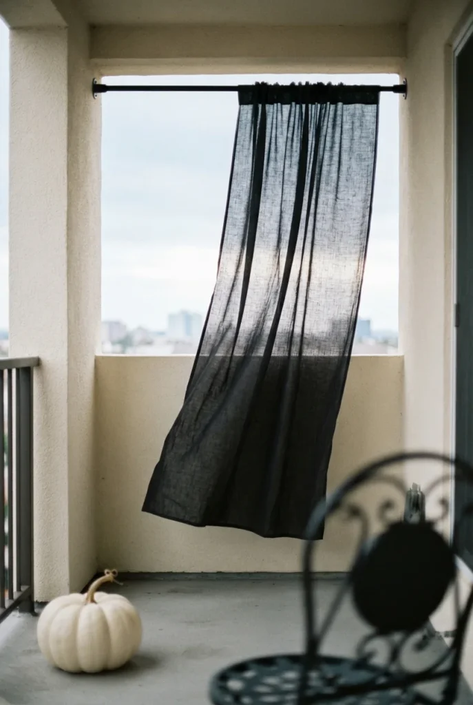 Sheer black curtain panel on a tension rod framing a small balcony for Halloween