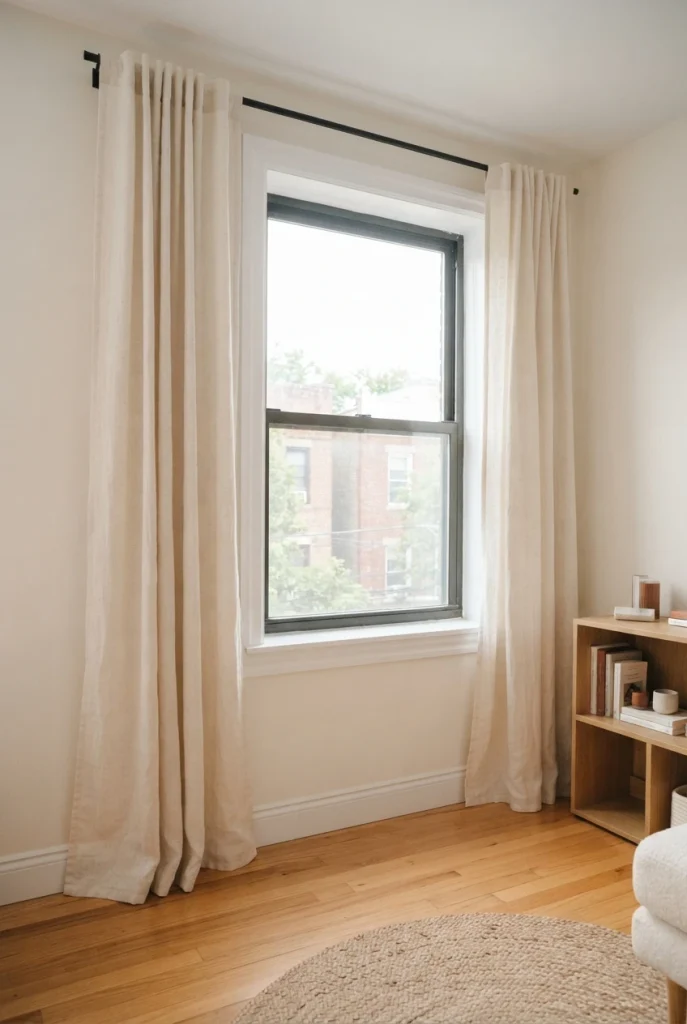 High wide-hung cream curtains making a small apartment window look taller. Modern Apartment Decor