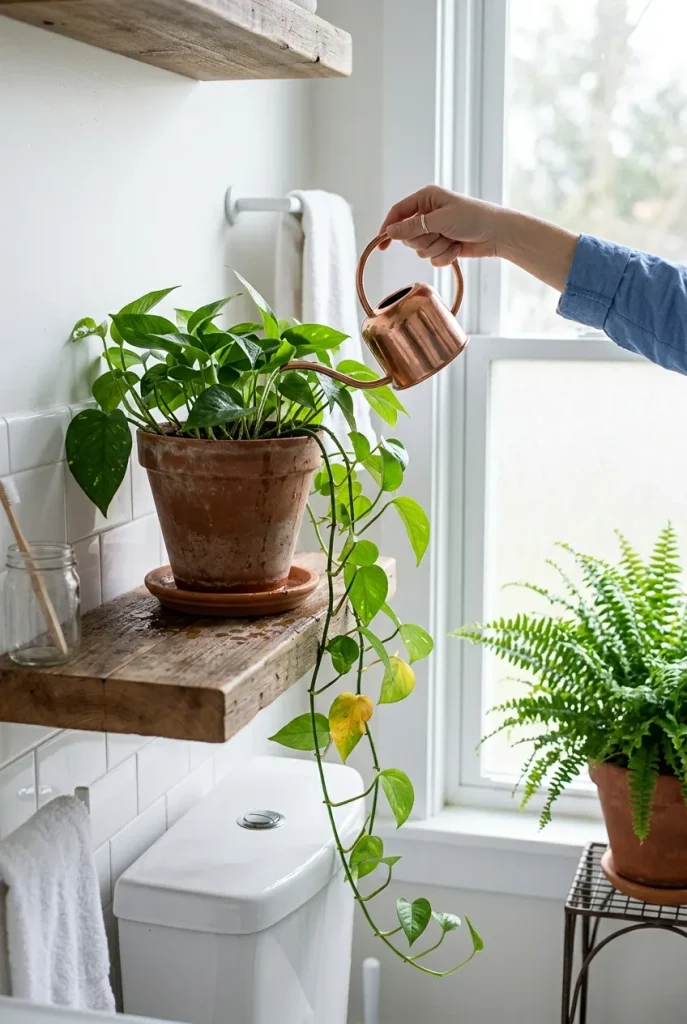 Hand watering a trailing pothos on a shelf above the toilet in a bright boho bathroom