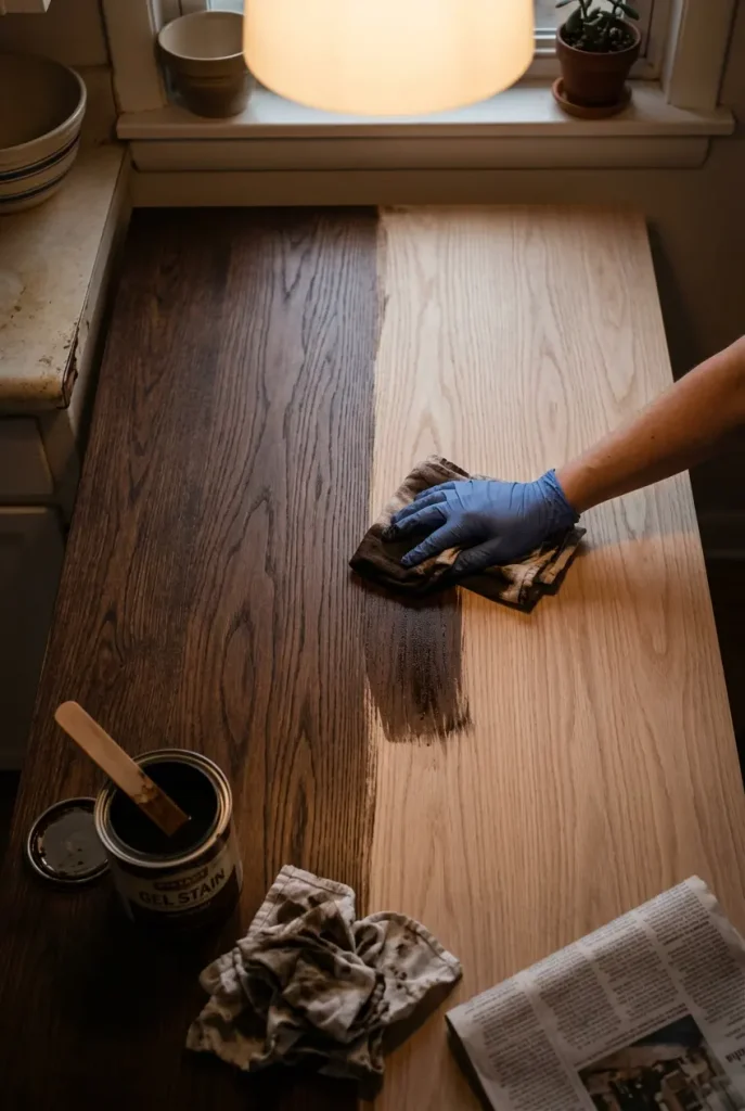 Gloved hand wiping gel stain across a tabletop, half pale oak and half dark walnut