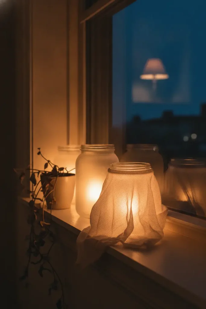 Glowing recycled jar lanterns on an apartment windowsill for renter friendly halloween decorations.