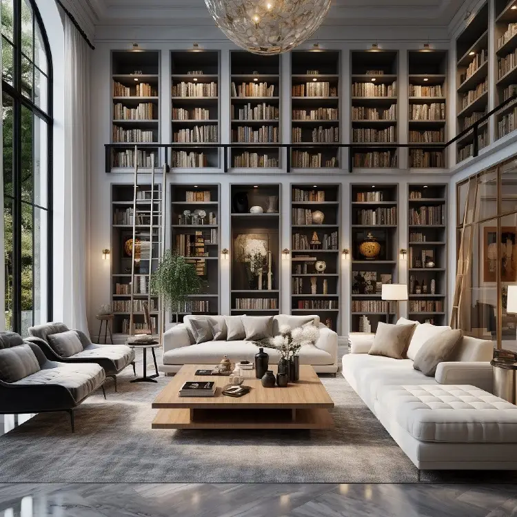 Grand double-height living room library with floor-to-ceiling built-in bookshelves, a rolling ladder, and a sculptural chandelier, furnished with white sectional sofas, black tufted chaise chairs, a low wooden coffee table, and tall arched windows.