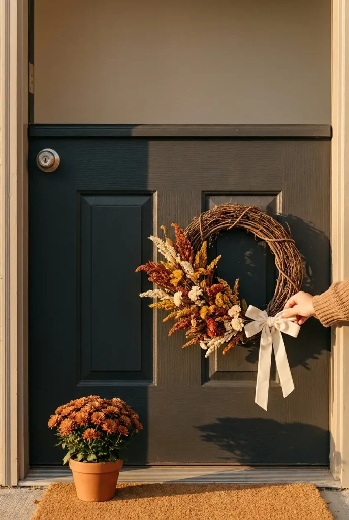 Grapevine fall wreath with rust floral stems and a cream bow on a charcoal front door