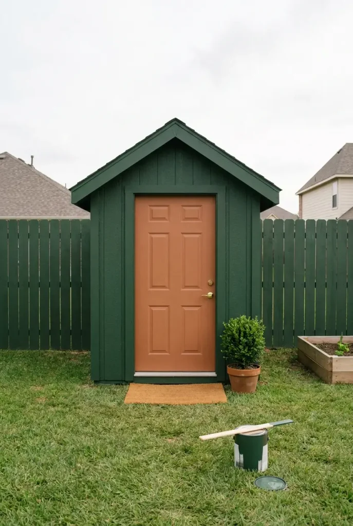 Green she shed painted to match its fence with a clay door in a small backyard