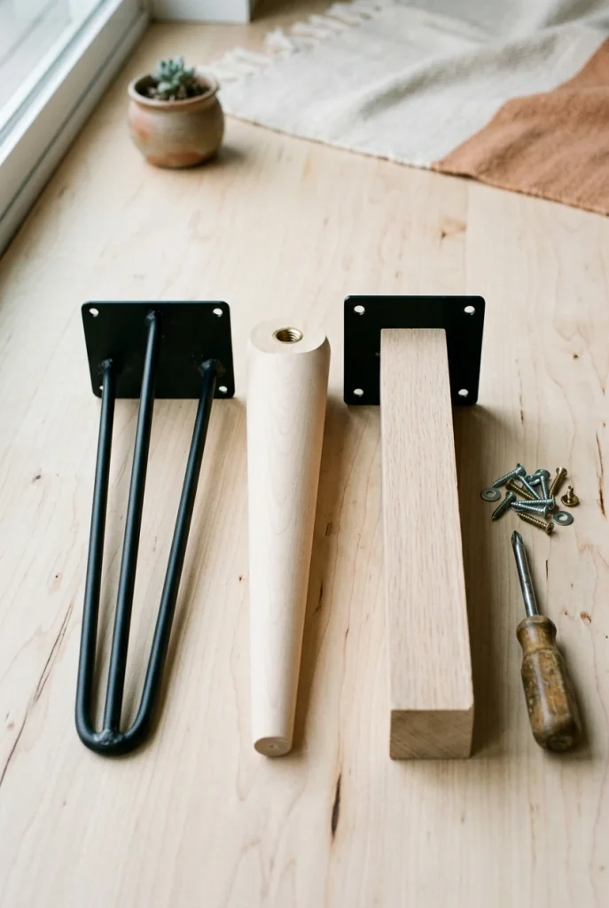Hairpin, tapered and screw-in coffee table legs compared side by side on a floor.