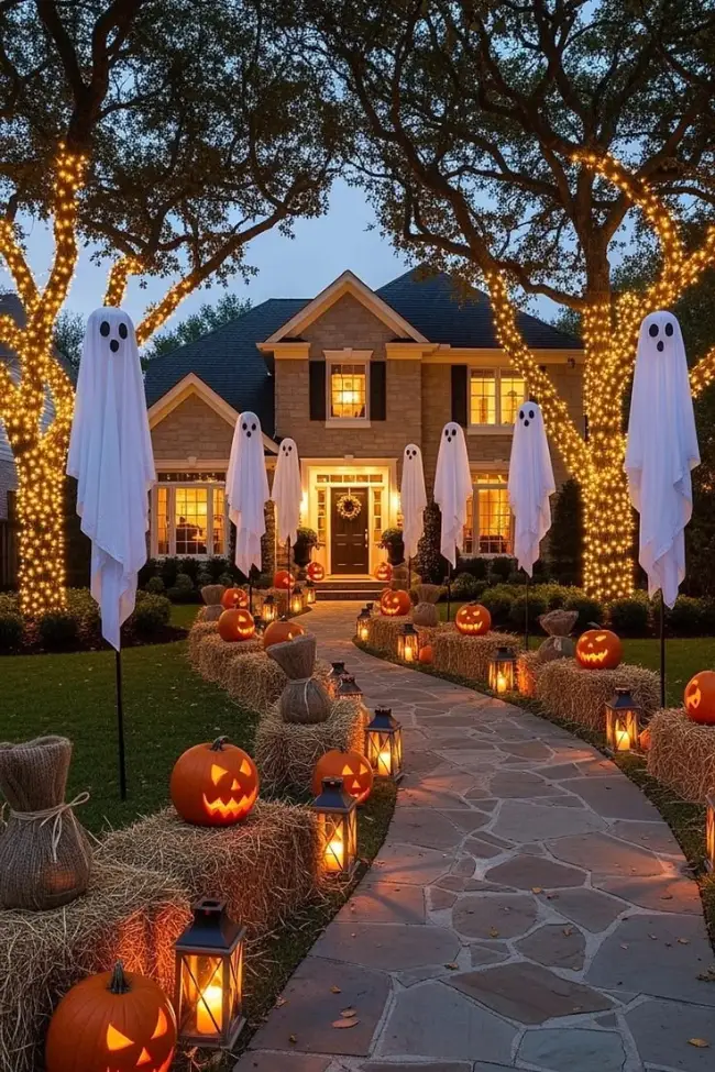 Halloween-decorated front yard at dusk with tall ghost figures on poles, string lights wrapped around trees, glowing jack-o'-lanterns, black lanterns, and hay bales lining a stone path to a brick two-story house.
