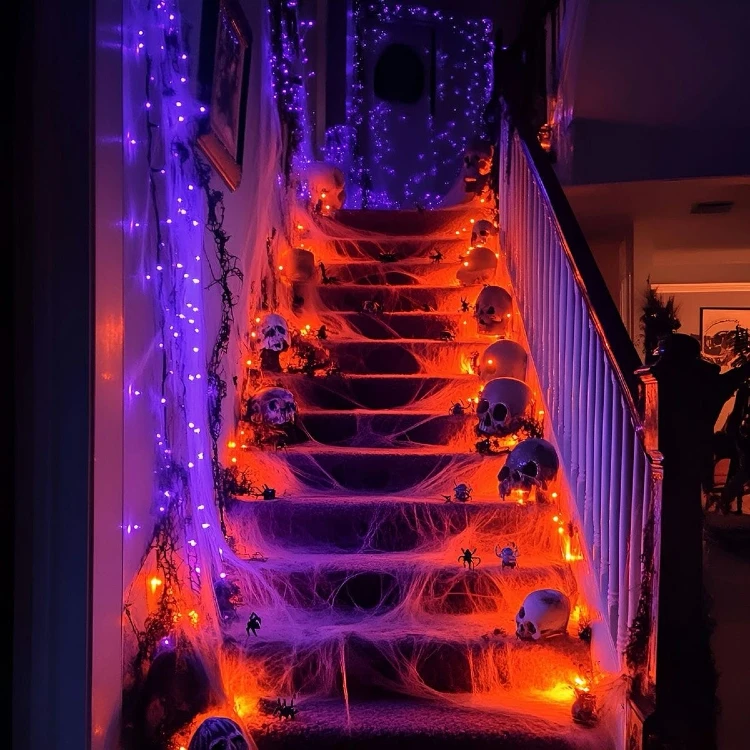 Halloween-decorated staircase draped in cobwebs and skulls, lit with purple and orange string lights, plastic spiders scattered on the steps, and a dark skeleton figure at the top of the banister.