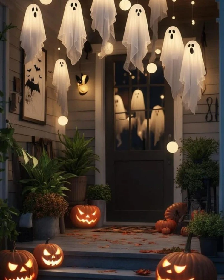 Halloween front porch at night with hanging fabric ghost decorations and glowing orb lights above the doorway