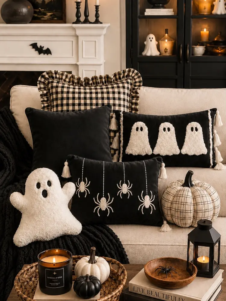 Halloween-styled living room with a cream sofa dressed in black and white pillows featuring embroidered ghosts and spiders, a plush ghost pillow, a plaid pumpkin, black lantern, lit candle, and a spider figurine in a wooden bowl on a coffee table.