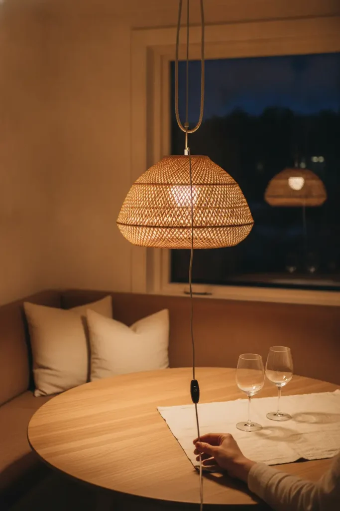 Hand dimming a plug-in rattan pendant hung low over a round table in a small dining nook