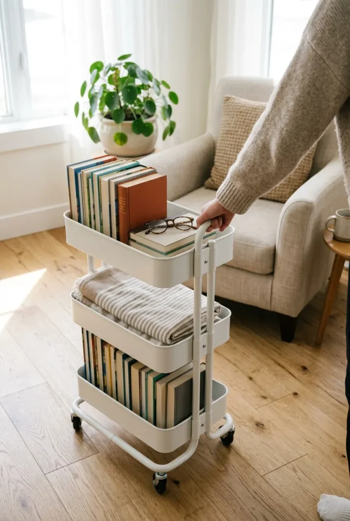 Hand rolling a small book cart toward a reading chair, a mobile home library for small spaces