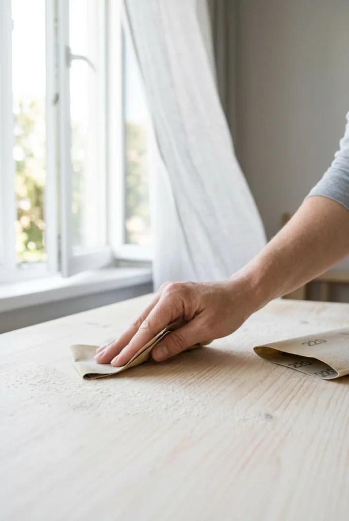 Hand sanding a DIY coffee table top by an open window with a curtain lifting.