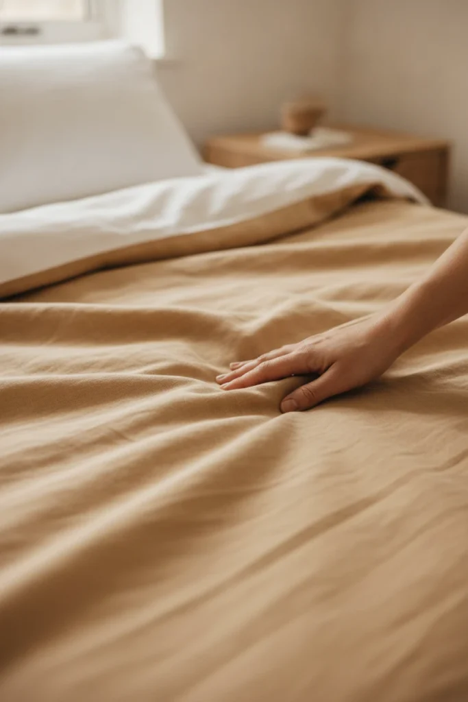 Hand smoothing a wrinkled stonewashed linen duvet cover in soft window light