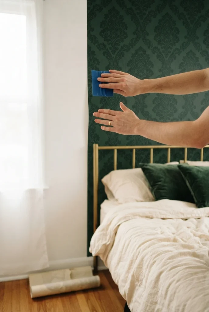 Hands applying dark green damask peel-and-stick wallpaper in a whimsigoth bedroom