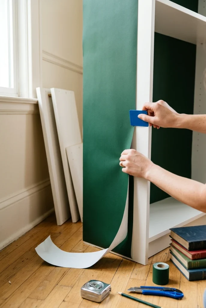 Hands applying dark green peel-and-stick paper to the back of a white bookcase for a library nook