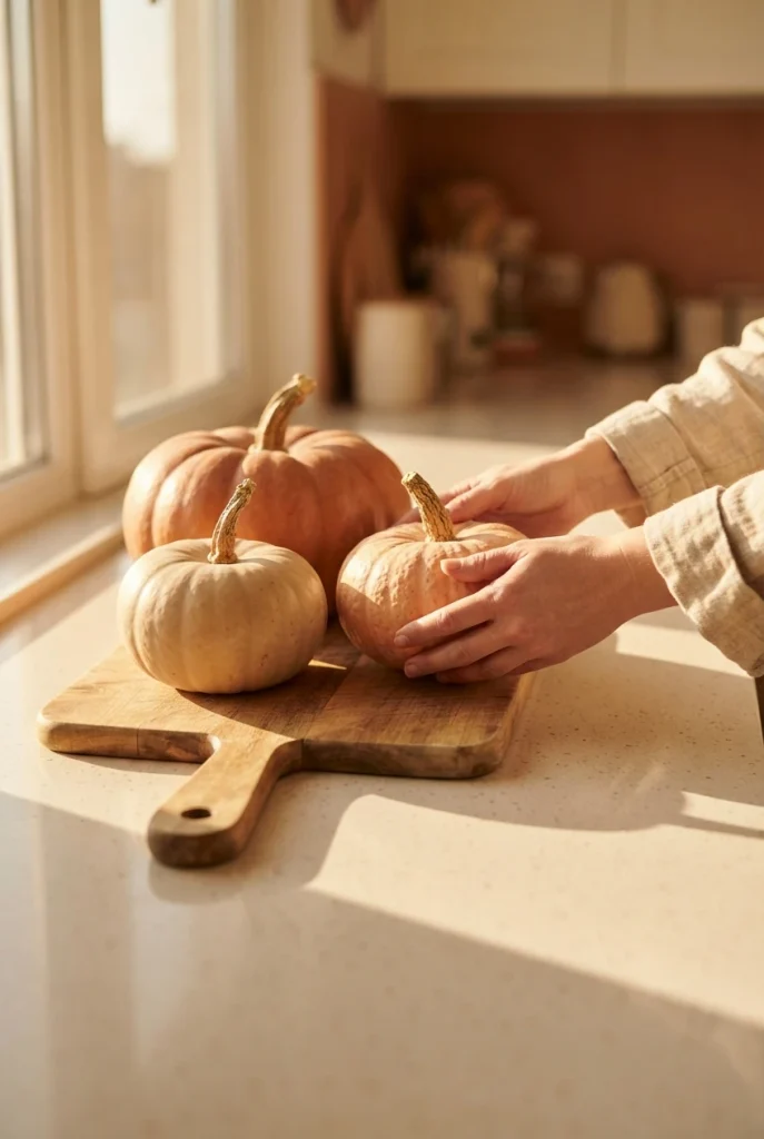 Hands arranging small pumpkins on a wooden board for fall kitchen decor ideas