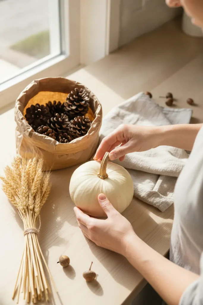 Hands checking a real pumpkin stem next to pinecones and dried wheat for fall coffee table decor