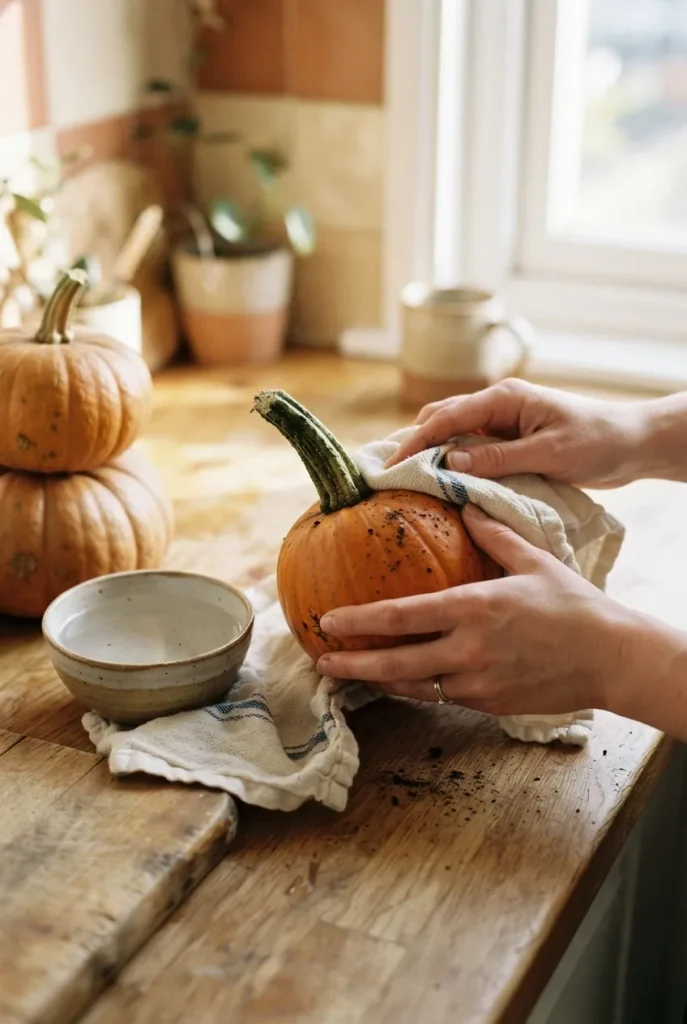Hands cleaning a real pumpkin with the stem intact before adding it to fall entryway decor