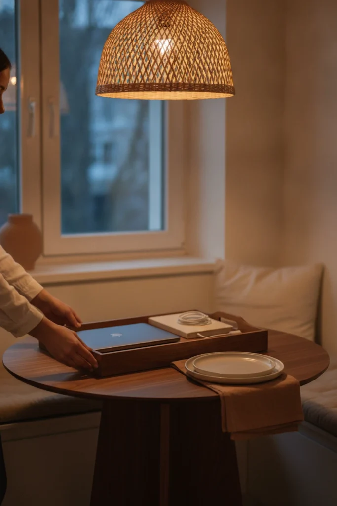 Hands clearing a laptop tray off a dining nook table to switch from work to dinner