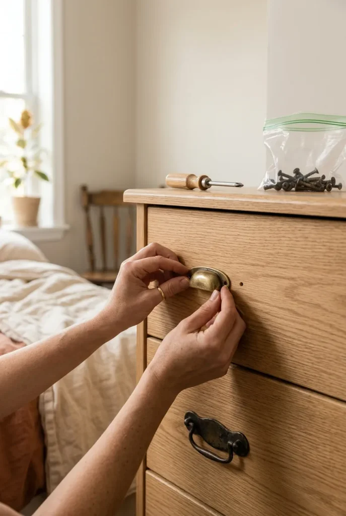 Hands comparing a new brass pull to an old dark pull during a dresser hardware swap