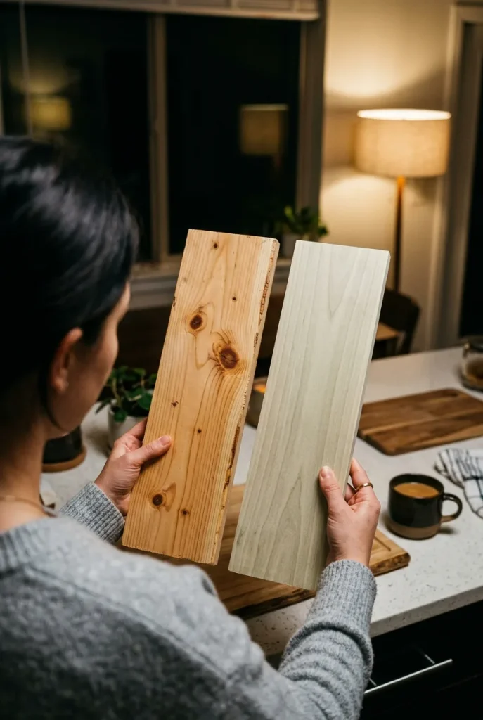 Hands comparing pine and poplar board grain under warm lamp light before a build.