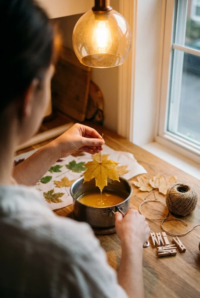 Hands dipping a maple leaf in beeswax to preserve it for a fall leaf garland.