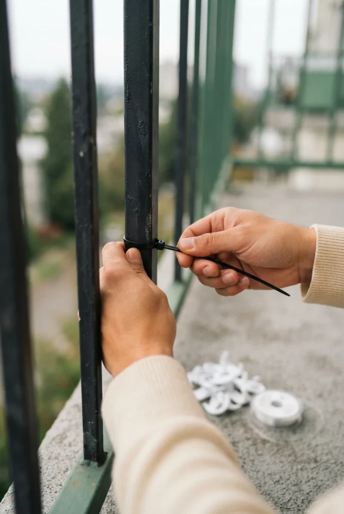 Hands fastening a zip tie to a balcony railing for no-drill Halloween decorations