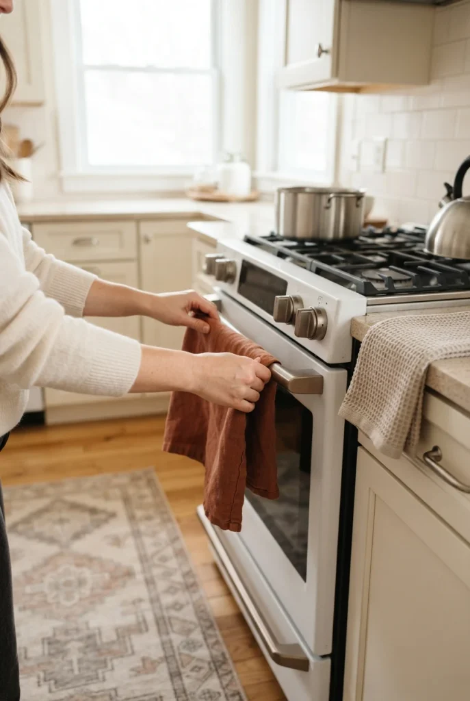 Hands folding a clay linen towel over an oven bar in a fall kitchen