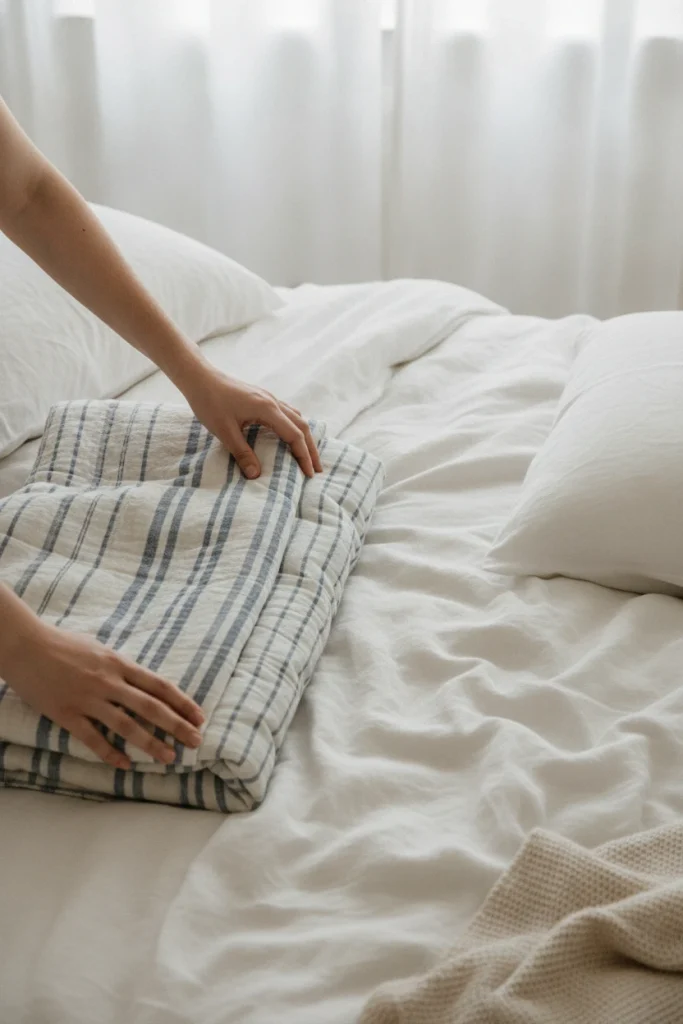 Hands folding a ticking stripe quilt over rumpled white linen bedding in morning light