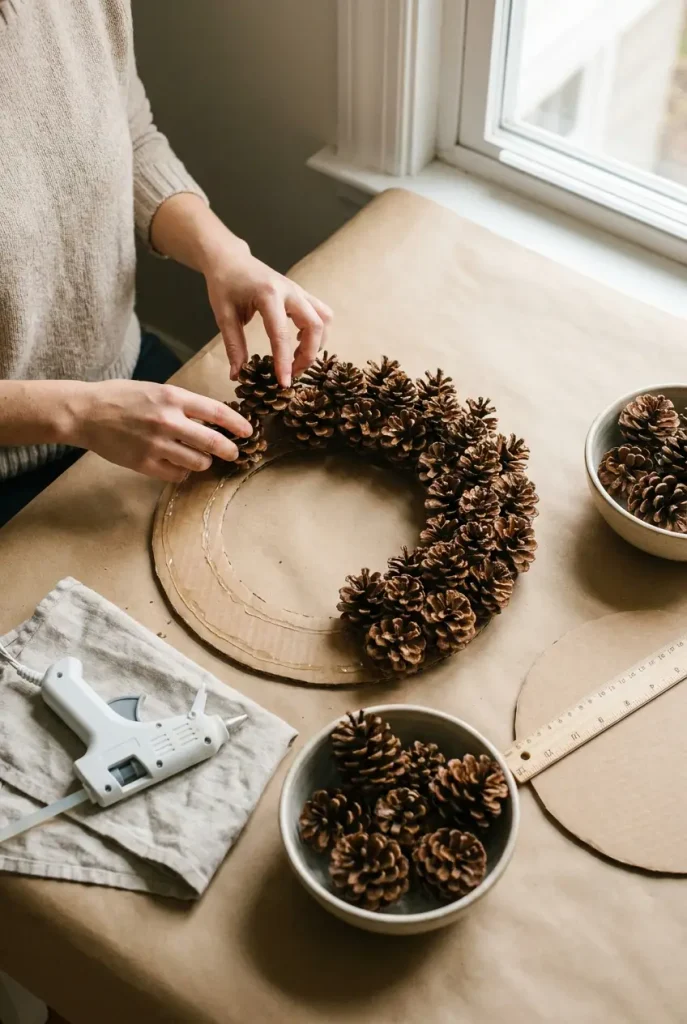 Hands gluing pinecones onto a cardboard ring to make a nearly free fall wreath