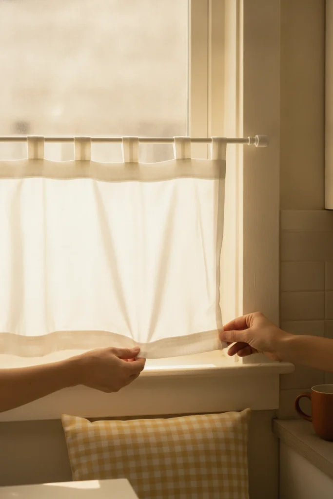 Hands hanging a café curtain on a tension rod over a dining nook bench