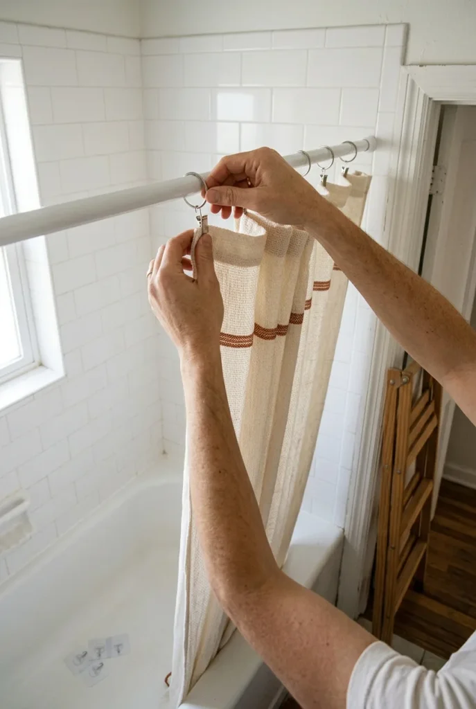 Hands hanging a cotton shower curtain on a tension rod in a renter friendly boho bathroom
