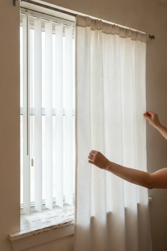 Hands hanging a linen curtain on a tension rod in a rental window.