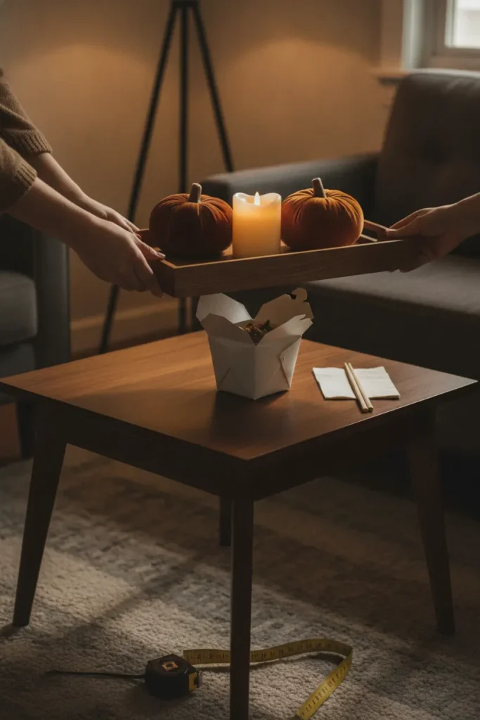 Hands lifting a fall decor tray off a small coffee table to make room for dinner