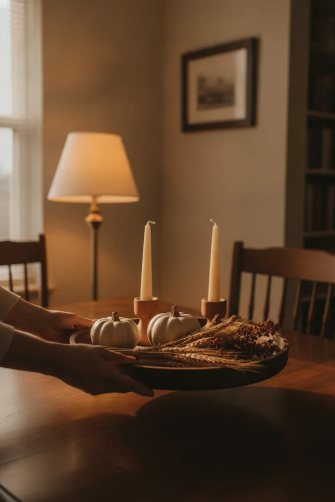 Hands lifting a tray of fall table decor off a dining table in one motion.