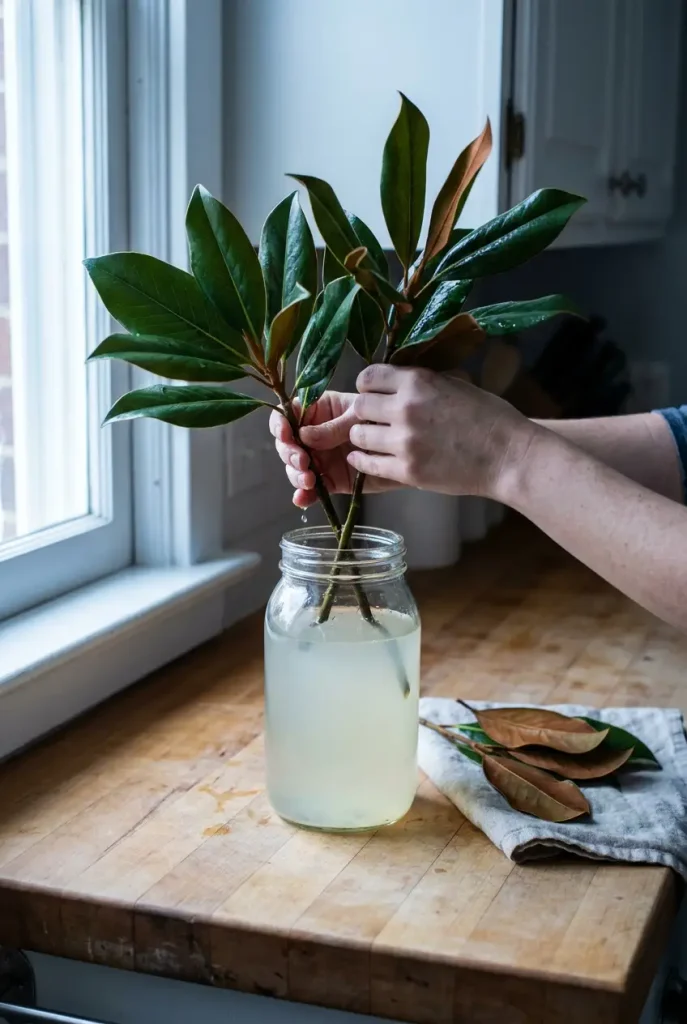 Hands lifting magnolia stems from a glycerin jar to make long-lasting wreath leaves