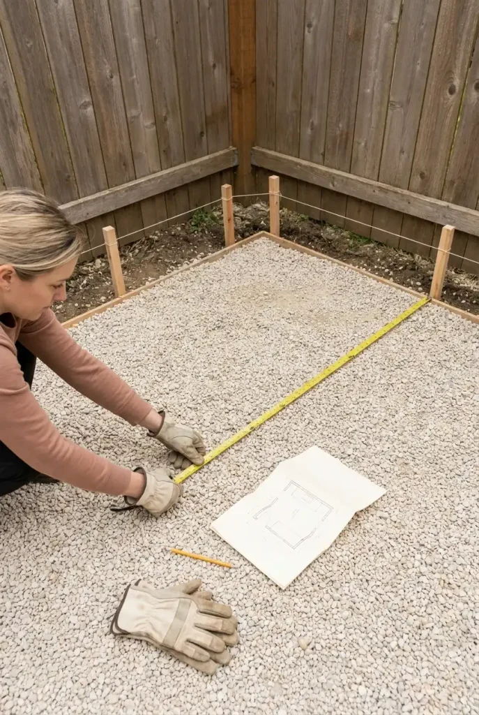Hands measuring a gravel pad for a small she shed in the back corner of a fenced yard