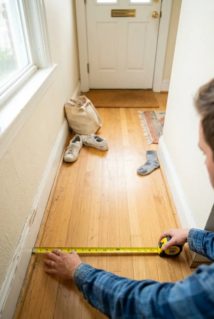 Hands measuring a narrow hallway before choosing a console table for small entryway fall decor