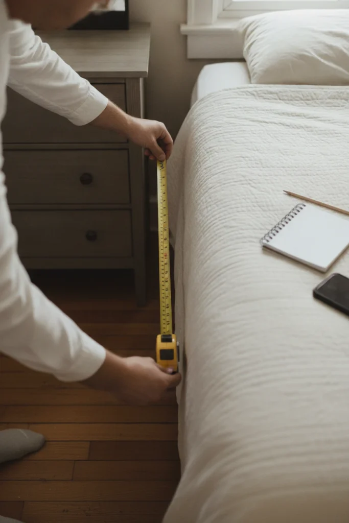 Hands measuring the walkway beside a bed while planning modern farmhouse bedroom ideas