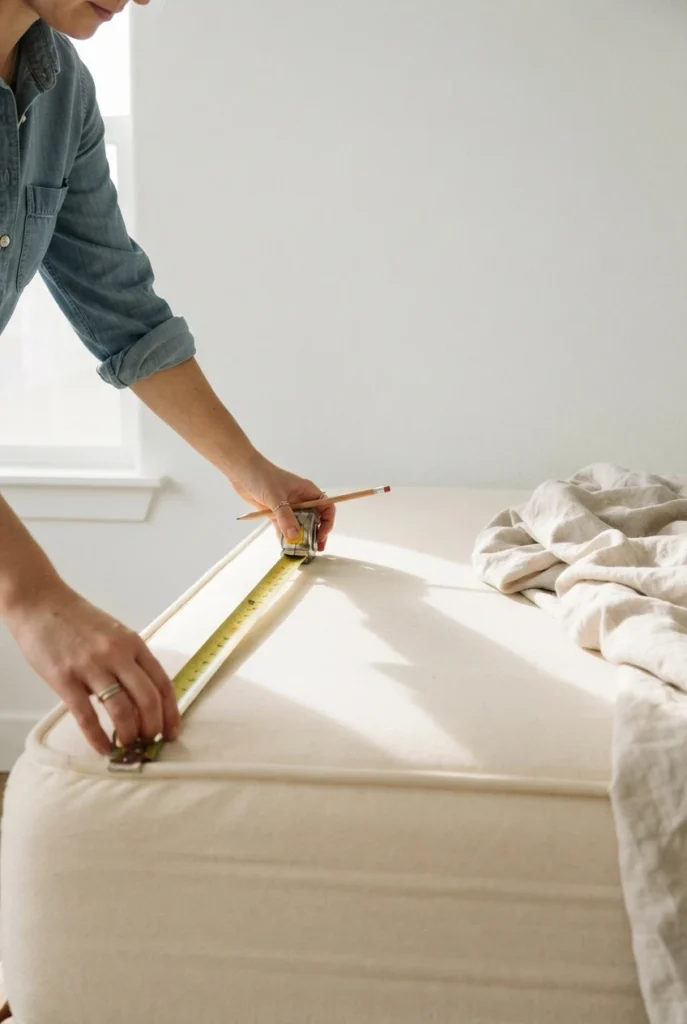 Hands measuring the width of a mattress with a tape measure before a headboard build.