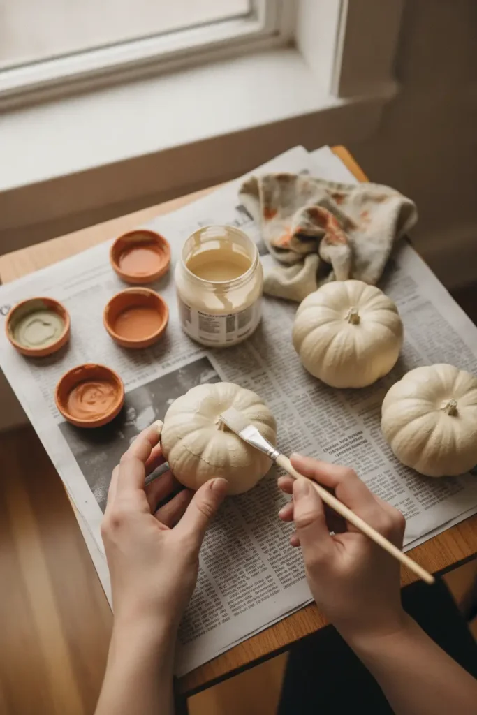 Hands painting a dollar store pumpkin matte cream for small apartment halloween decor.