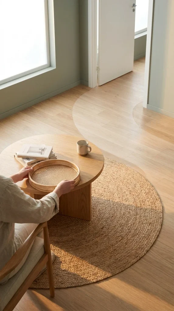 Hands placing a round rattan tray on a coffee table beside books