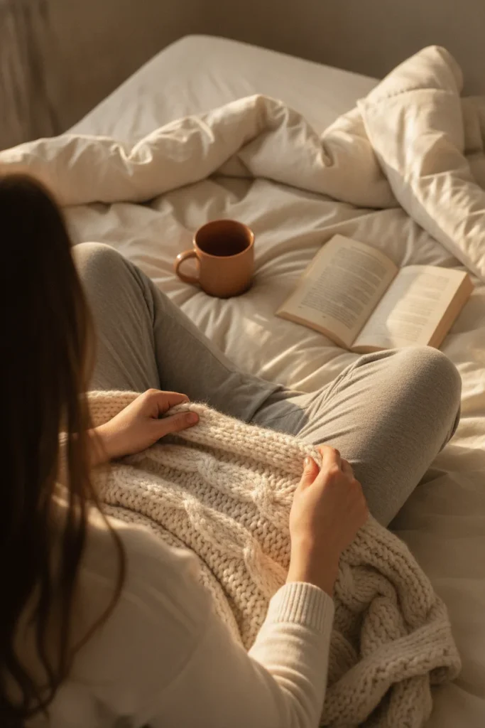 Hands pulling a chunky knit throw over a lap in bed at golden hour