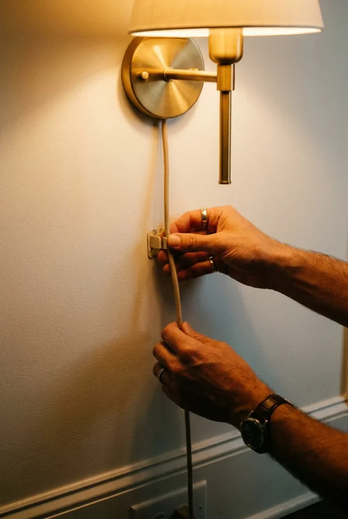 Hands routing the cord of a warm plug-in wall sconce, a no-drill lighting fix for renters.